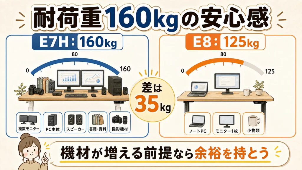 E7Hの耐荷重と重装備の図解