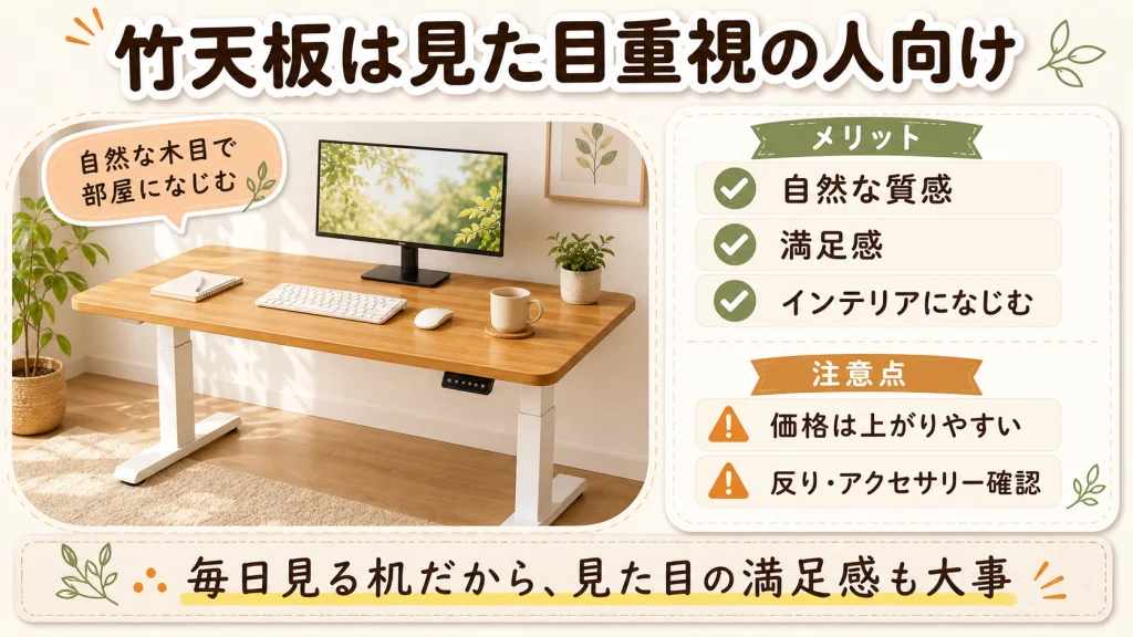 FlexiSpot純正竹天板の特徴と注意点をまとめた図解