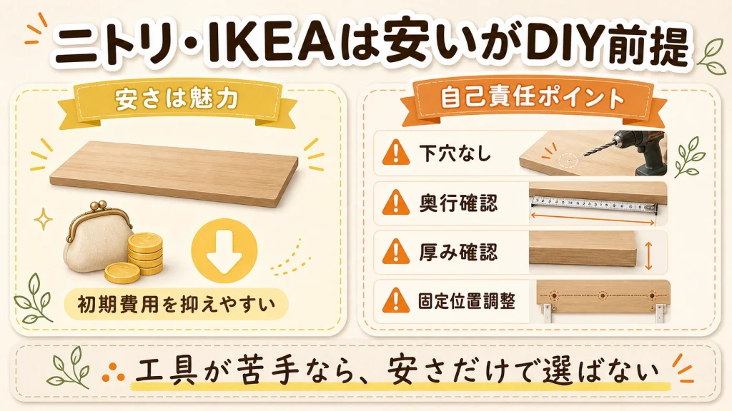 ニトリ・IKEA天板は安いがDIY前提であることを示す図解