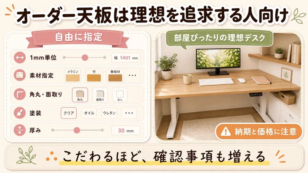 オーダー天板で指定できるサイズや素材を示す図解