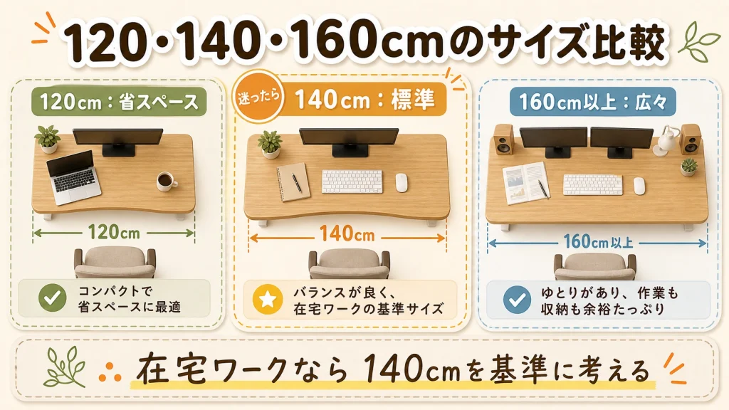 FlexiSpot天板の120cm・140cm・160cmサイズ比較