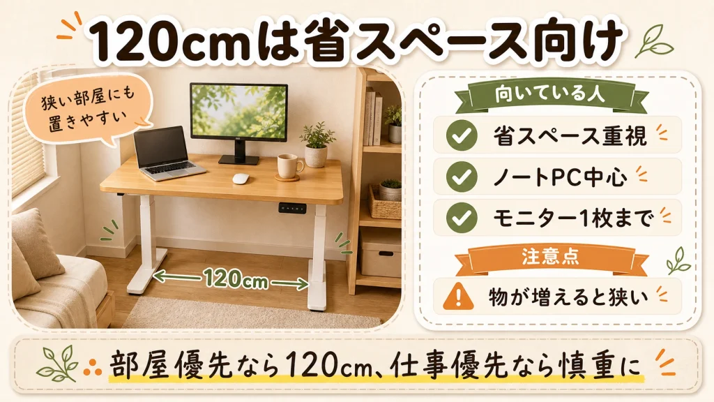 120cm天板が省スペース向けであることを示す図解