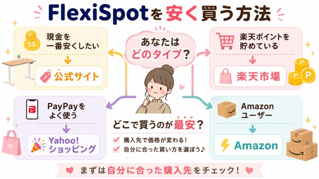 FlexiSpotを安く買う方法の購入先比較図解