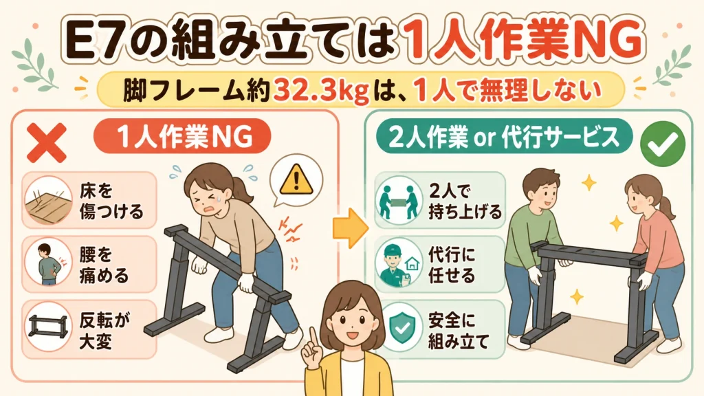 FlexiSpot E7の搬入と組み立ては2人作業で行う
