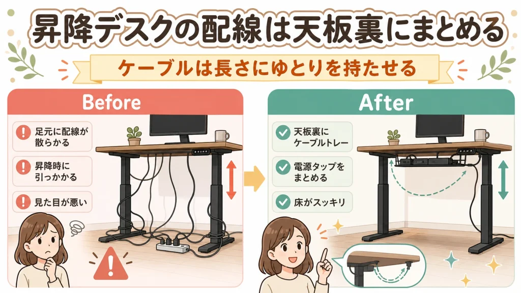 FlexiSpot E7の配線をケーブルトレーでまとめる