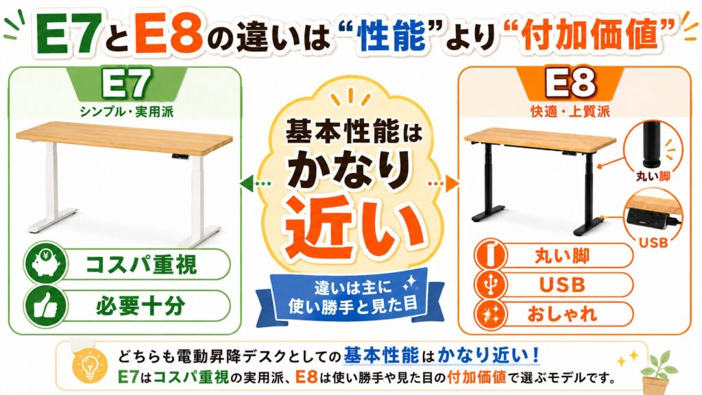 FlexiSpot E7とE8の違いは付加価値