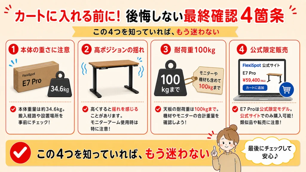FlexiSpot E7 Pro購入前の最終チェックリスト
