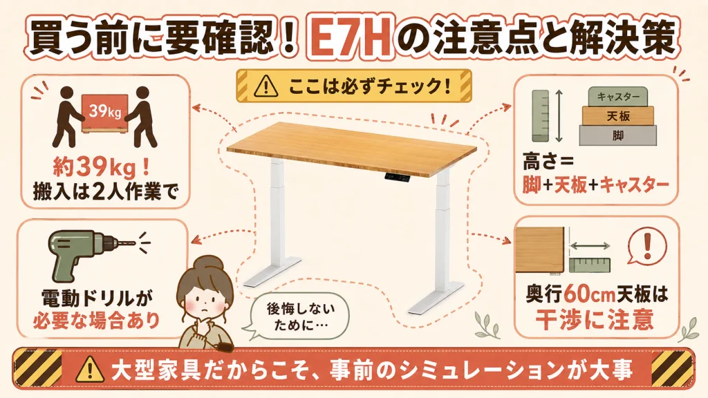 FlexiSpot E7H購入前の注意点と解決策をまとめた図解