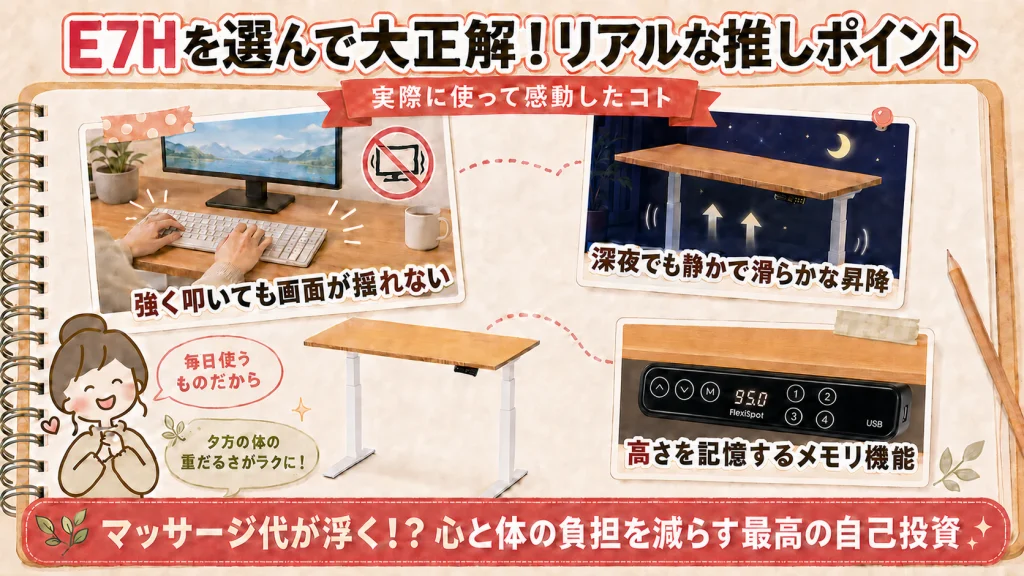 FlexiSpot E7Hを選んだ理由と使用メリットを紹介する図解
