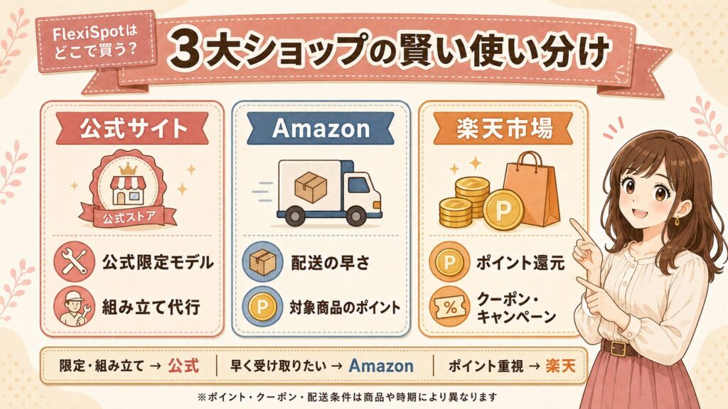 FlexiSpot公式・Amazon・楽天の購入先比較