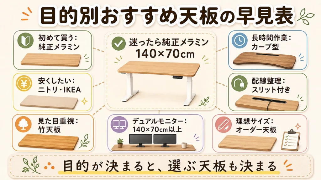 FlexiSpot天板の目的別おすすめ早見表