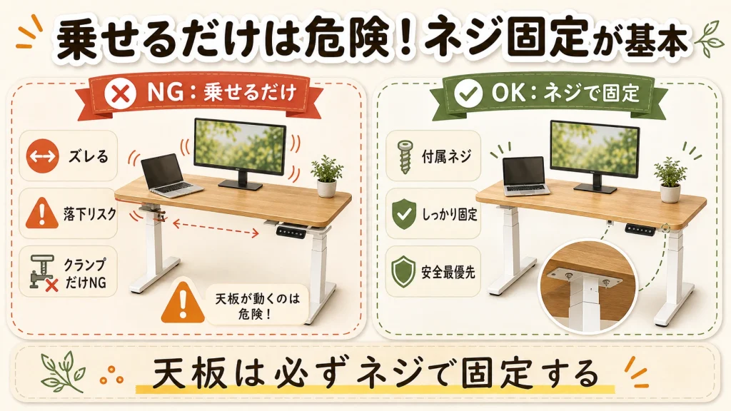 天板を乗せるだけは危険でネジ固定が必要なことを示す図解
