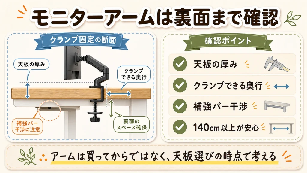 モニターアーム使用時に天板の厚みと裏面を確認する図解