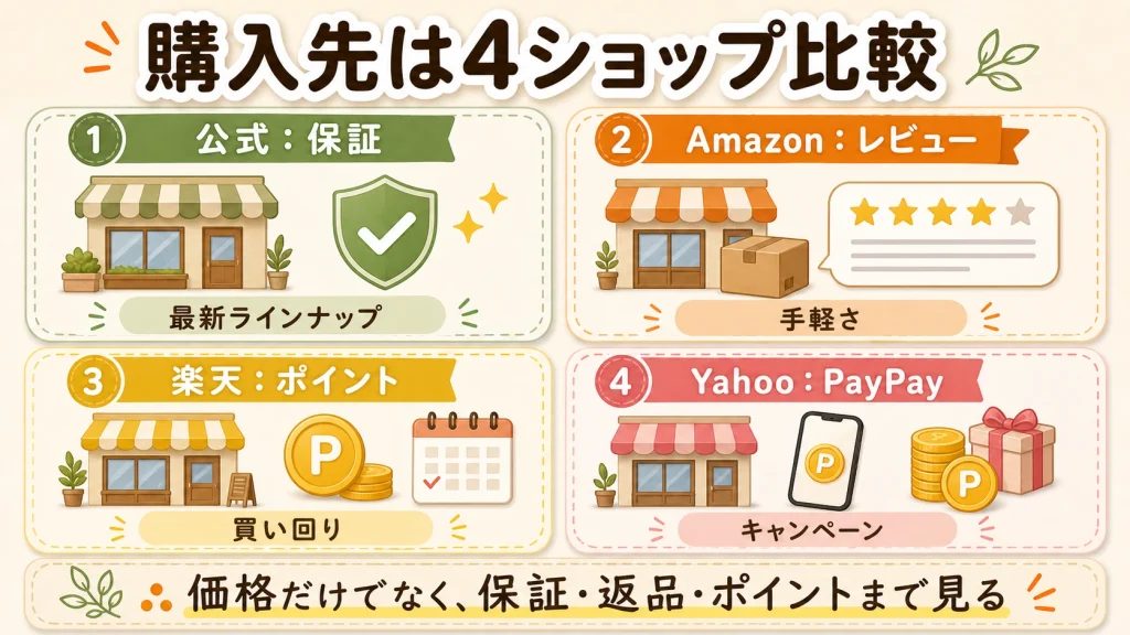 FlexiSpot天板の購入先4ショップ比較図解